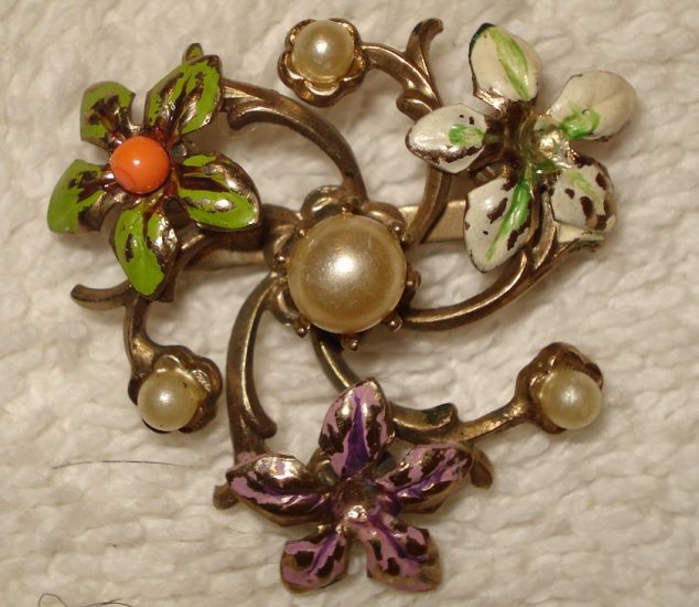 FREE SHIPPING Antique 1950s Colorful Flowers & Pearls Brooch