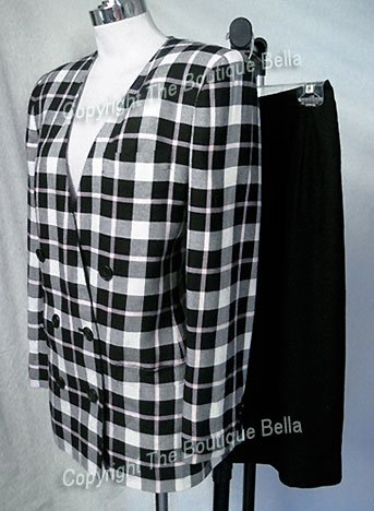 SIZE 4 - 6 - BANKERS CLUB Plaid Blue-white-pink career skirt suit