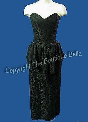 Size 4-6 Small Vintage Party Lacy Black Strapless Peplum Dress