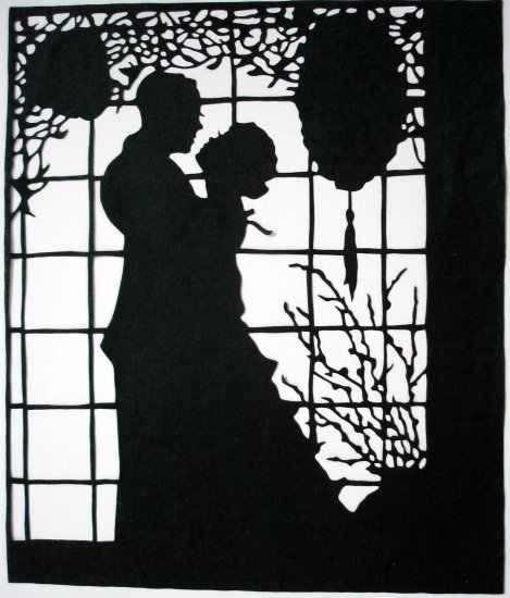 Silhouette Scherenschnitte (Paper Cut/Papercut) - Romance - Couple Hugging by the Window (RM0008)