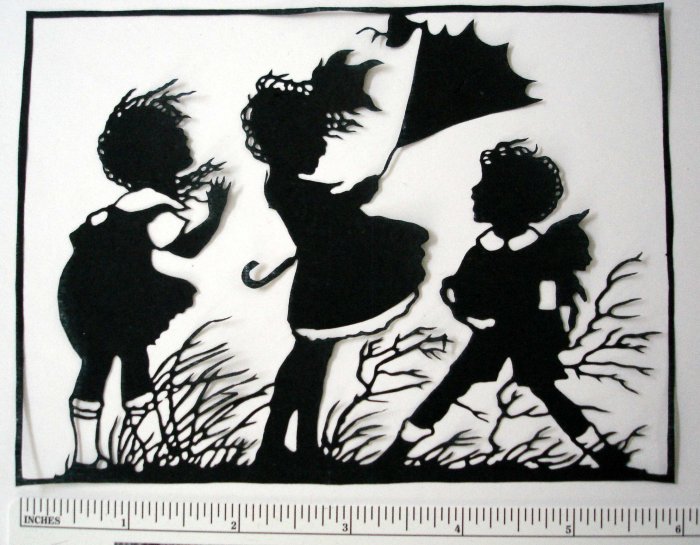 Silhouette Scherenschnitte (Paper Cut/Papercut) - Children, Wind Blowing (CH0007)