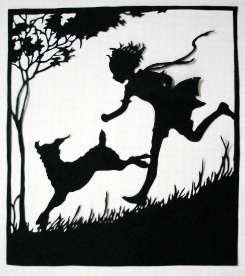 Silhouette Scherenschnitte (Paper Cut/Papercut) - Boy Running With His Dog (CH0002)