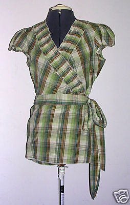 Pretty Green Plaid Cotton Wrap Shirt Sz. L