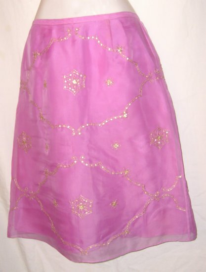 Ann Taylor Fucshia Silk Skirt w/ Gold Embriodery Sz 8