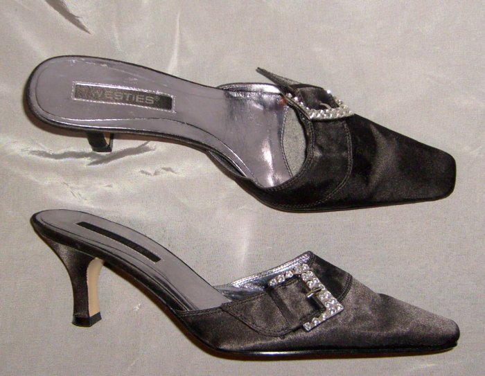 Westies Black Satin Mules w/ Rhinestone Buckle Sz 6 M