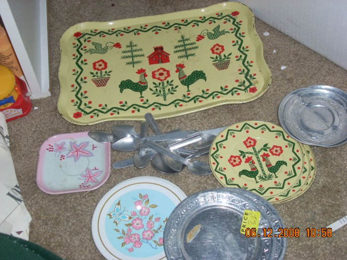 doll size dishes; silverware; etc