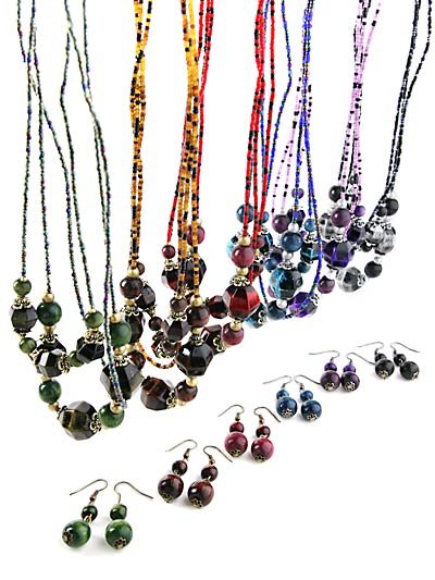 21" Triple Strand Beaded Necklace & Drop Earrings Blue ~ Just7even