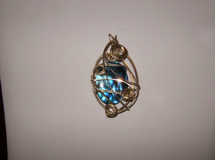 sterling silver wire wrapped blue puau shell w/ silver chain