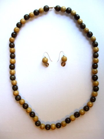 Brown Wooden Bead Necklace and Ear Rings Set