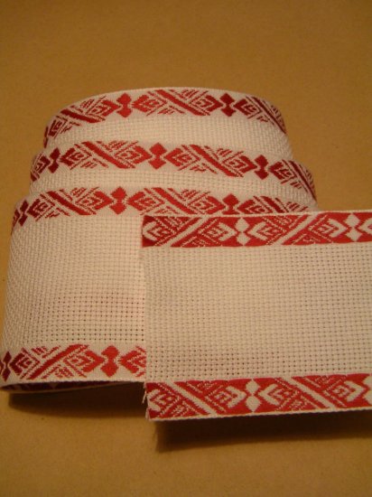 White Aida Band with red edge (geometrical pattern) 7.5 cm, 3 inches wide