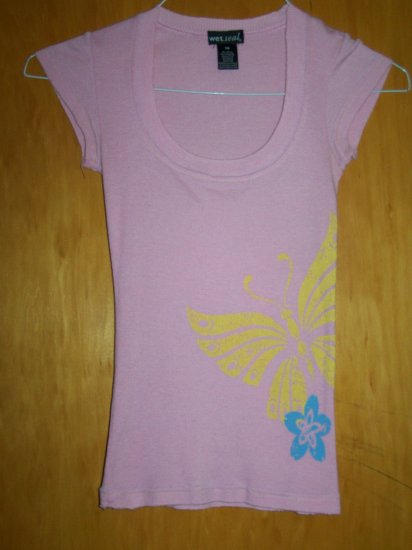 WetSeal Brand Pink T-shirt w. Butterfly & Flower deco - XS -