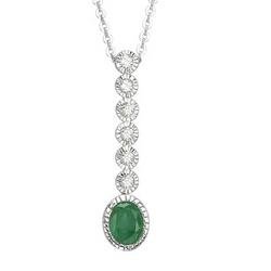14K White Gold Oval Emerald & Bezel Set Diamond Necklace