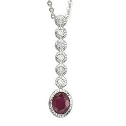 14K White Gold Oval Ruby & Bezel Set Diamond Necklace