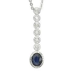 14K White Gold Oval Blue Sapphire & Bezel Set Diamond Necklace
