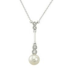 14K White Gold White Pearl Drop & Diamond Necklace