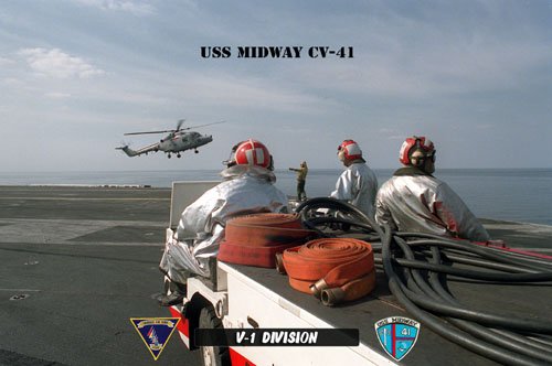 USS Midway V-1 Div ABH (Yellow Shirt) Recovering Helicopter (8x12) Photograph