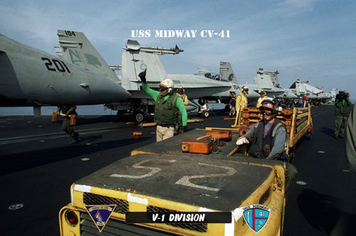 USS Midway V-1 Div ABH (Yellow Shirt) & V-2 (Green Shirt)(8x12) Photograph