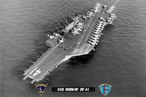 USS Midway CV-41 "HI MOM" (8x12) B&W Photograph