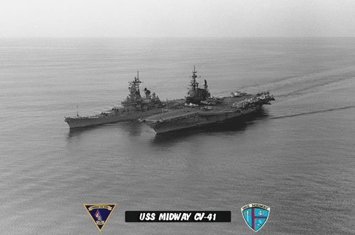 USS Midway CV-41 steaming alongside the Battleship USS New Jersey BB-62 (8x12) B&W Photograph