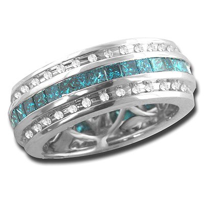 14k Gold Diamond Wedding Band Eternity Ring blue and white diamonds 2.64 ctw.