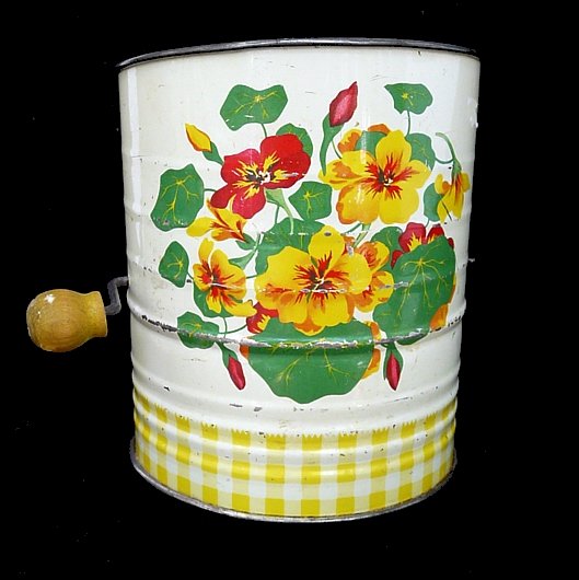 Vintage 1950s FLOUR SIFTER with YELLOW and ORANGE NASTURTIUMS