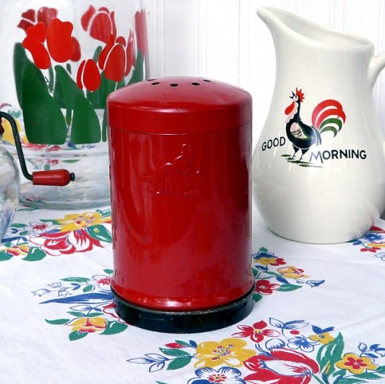 Vintage Advertising Piece...1950s RED PAINTED SHAKER with OLD DUTCH CLEANSER GIRL LOGO