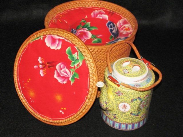 VINTAGE TEAPOT AND TEAPOT BASKET