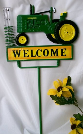 John Deere Tractor Garden Rain Gauge On Stake