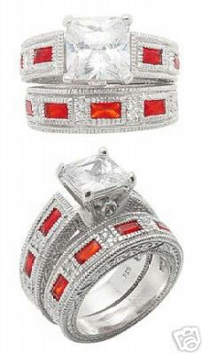 2.66ct RUBY SIMULATED ENGAGEMENT WEDDING RING SET