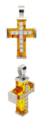 AMBER RESIN SQUARE CZ CROSS PEND
