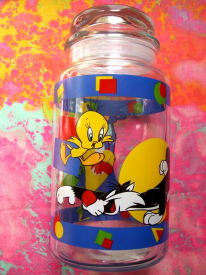 Rare Looney Tunes TAZ & TWEETY BIRD & SYLVESTER Glass Candy Jar Warner Bros 1995 Never used!