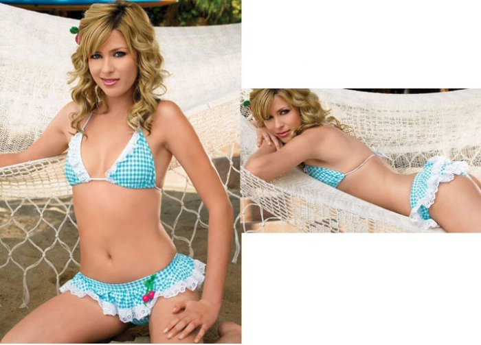 NEW Gingham Print Bikini with Eyelette Ruffle Trim and Cherry Bead Accent