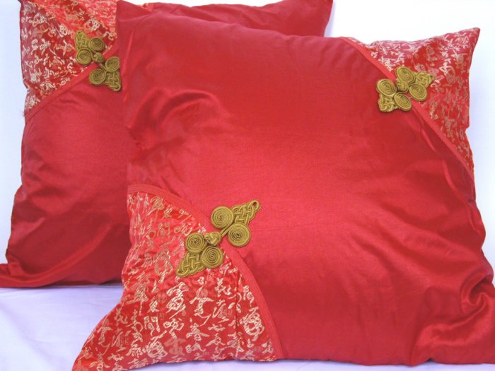 Asian Buttons PillowCushion Cover 19" Red