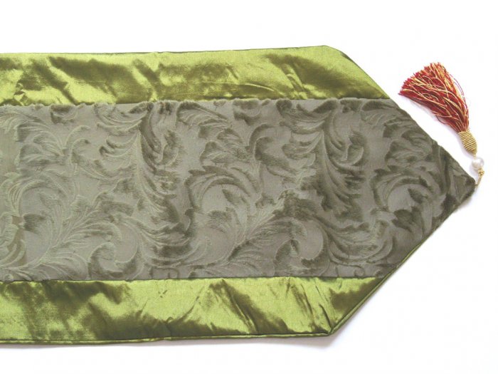 Velvet-Like Floral Leaves Table Runner Olive Green