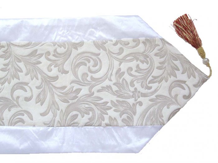 Velvet-Like Floral Leaves Table Runner Crystal White