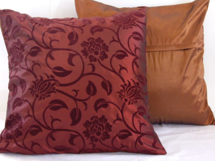 Floral Leaves Pillow Cushion Cover 19" Burgundy/Brown