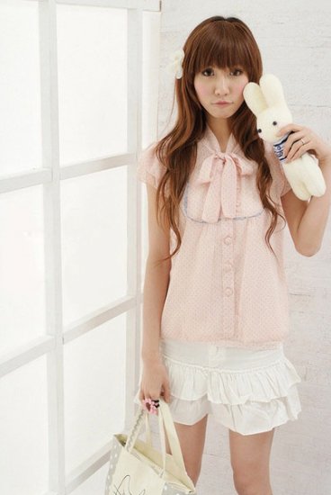 Pink Dot Chiffon Upwear/ Blouse (Free Shipping Worldwide)