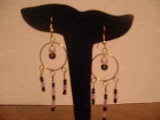 Purple and Black Beaded Dangle Hoops