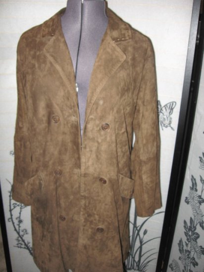 J JILL SATIN LINED LONG BROWN SUEDE LEATHER COAT.