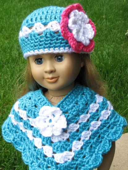 Hand Crocheted 2pc poncho and hat for American Girl or Gotz or 18 inces Dolls