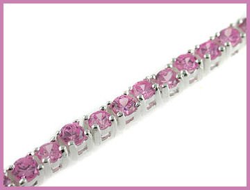 Round Created Pink Sapphire 925 Silver Bracelet 6.5"