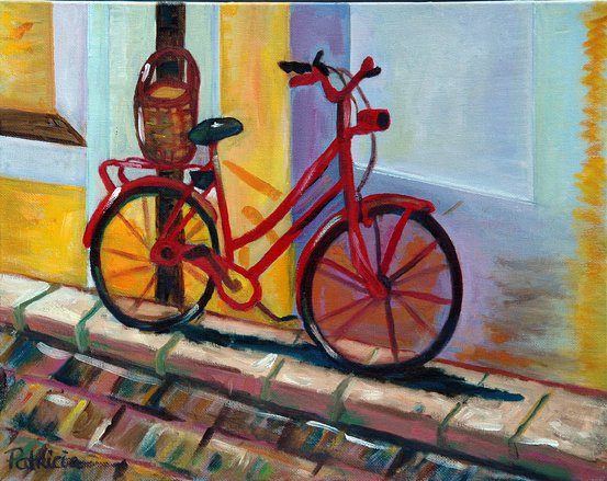 Parked Red Bicycle, Original Oil Painting