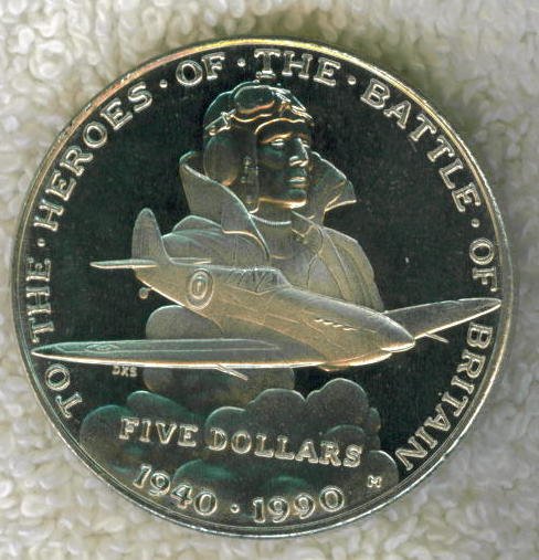 1990 "HEROES OF THE BATTLE OF BRITAIN" FIVE DOLLAR COIN FROM THE MARSHALL ISLANDS.