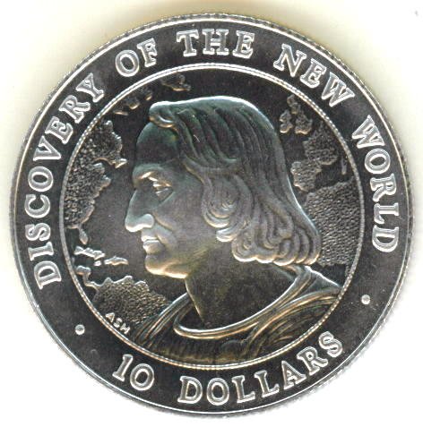 SILVER 1990 BAHAMAS $10 CHRISTOPHER COLUMBUS UNCIRCULATED COIN - ONLY 550 MINTED !
