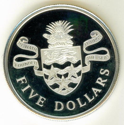 SILVER 1974 CAYMAN ISLANDS PROOF $ 5.00 COIN - EXTRAORDINARILY BEAUTIFUL COIN !!