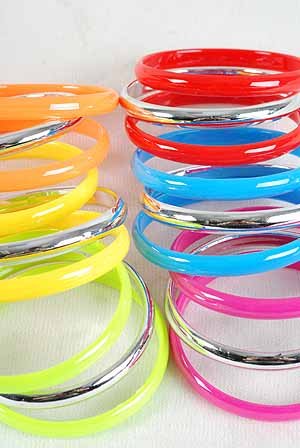 3pcs Bangles Acrylic W Silver Mix/DZ 6 Color Asst