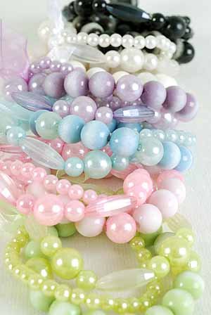 Braceles 3string Tiedye Lucite Ball & Pearls, Stretch/DZ 6 Color Asst