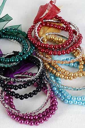 Bracelet & Earring Set 2string Pearl& Tennis,6 Color Asst/DZ Stretch