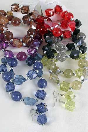 Bracelet & Earring Set Large Crystal blocks E CC Be ** New Arrival** Stretch,6 Color Asst -