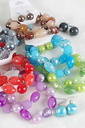 Bracelet & Earring Set Lucite Marble W Pearls/DZ 6Color Asst,Stretch